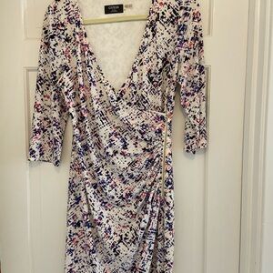 Guess White, Pink and Purple Sheath Dress 3/4 Sleeve Plunge Neckline